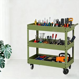 China Factory Wholesale Heavy Duty Silent 3 Layer Steel Tool Cart High Load <b>Flat</b> <b>Trolley</b> Custom Size Logo for Workshop Warehouse - Product Image 4