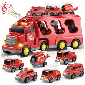 Ensemble de jouets de camions de pompier avec conteneur de transport et 6 petits véhicules, modèle de camion de transport de grande taille - Product Image 1