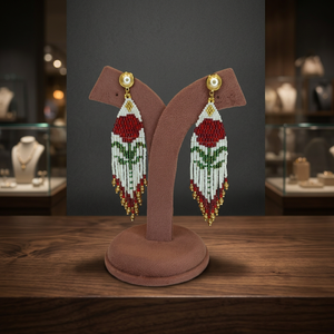 Boucles d'oreilles à franges de roses en perles Miyuki Delica faites à la main Sstringz, blanc ivoire, rouge rubis, vert feuille et or, avec clous de perles floraux sur le dessus - Product Image 2
