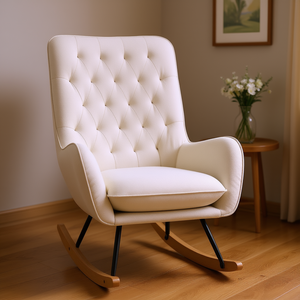 Poltrona a dondolo in tessuto bianco crema della metà del secolo con strascico a ciuffo con Base in legno di gomma per soggiorno in casa Studio - Product Image 2