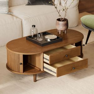 Ajunion giữa thế kỷ hiện đại hình bầu dục rắn Bàn cà phê gỗ trượt bên cửa 2 tầng ngăn kéo phòng khách Bàn cà phê - Product Image 2