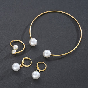 Ensemble de bijoux pour femmes en alliage vintage simple avec des perles légères, boucles d'oreilles ouvertes, bague et bracelet, cadeau - Product Image 3