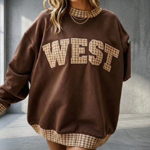 Nouveau sweat-shirt oversize personnalisé pour femme, col montant, manches longues, motif à carreaux et lettres appliquées, style streetwear automne, en mélange de coton tricoté - Product Image 1