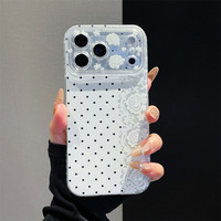 Coque de téléphone de luxe à pois noirs et blancs avec dentelle florale et grande fenêtre, ornée de strass, pour iPhone 17, 18 Pro Max, 16, 15