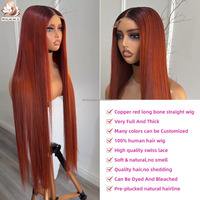 Peluca de Cabello Humano Liso Rojo Cobre 1B/Jengibre con Encaje Frontal 5x5 Transparente, Sin Pegamento, Pre-Desplumada, Larga y Sedosa