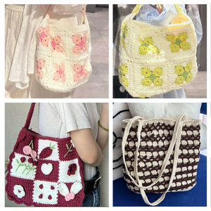 [Stock de Productos Terminados] Colección de Bolsos de Tela de Algodón Tejidos <span class=keywords><strong>a</strong></span> Mano, Materiales Tridimensionales para DIY, Patrón de Camelia, Estilo Abuela - Product Image 4