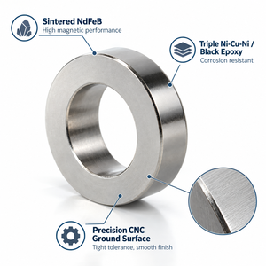 Aimant annulaire en NdFeB sinterisé N52, aimant permanent puissant en néodyme, revêtement Ni-Cu-Ni pour turbines industrielles - Product Image 1
