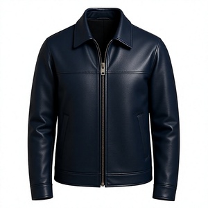 Chaqueta de Cuero Genuino Azul Oscuro para Hombre, Estilo Motero, Cuello Camisero, Cierre de Cremallera, Corte Regular, Color Sólido, para Invierno - Product Image 5