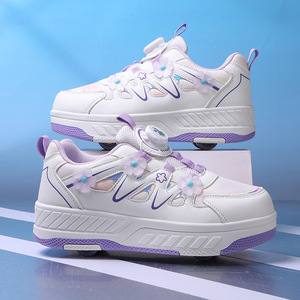 Chaussures de sport pour enfants avec roulettes, design floral blanc et violet pour filles, taille 30-37, semelle extérieure en TPU, semelle intermédiaire en EVA, doublure en mesh - Product Image 1