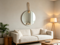 Miroir mural rond sans cadre avec accroche en corde de jute, miroir décoratif suspendu pour salle de bain, décoration murale, décoration intérieure