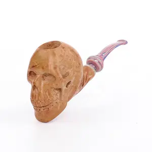 MUXIANG Handmade Wooden Tobacco Pipe Skull-Shape Engraved Smoking Pipe With Cumberland Stem