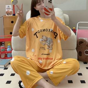 Ensemble de Pyjama Deux Pièces pour <span class=keywords><strong>Femme</strong></span>, Pantalon Court à Manches Courtes, Col Rond, Style Coréen, Dessin Animé d'Été, Vêtements de Nuit et d'Intérieur Économiques - Product Image 4