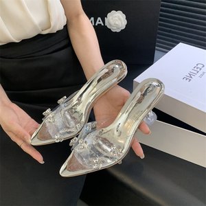 Transparent High-heeled <b>Shoes</b> New Summer Style Korean Fashion Rhinestone and Crystal Pointed Toe slippers - Product Image 4