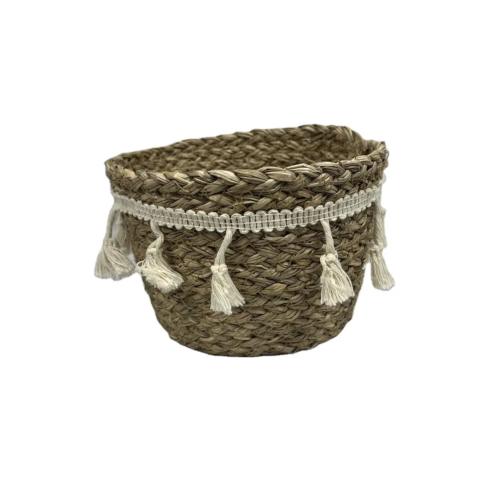 ECO-friendly circular tassel storage basket wholesale cotton rope hand woven basket