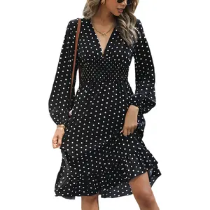 Платье в горошек с длинным рукавом и поясом на заказ от производителя одежды, высококачественное женское платье на заказ