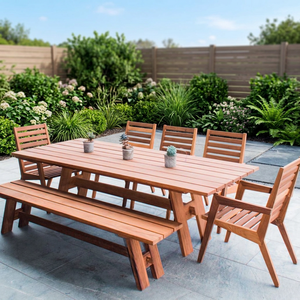 Solid Teak Wood Outdoor <b>Dining</b> <b>Set</b> Rectangular Slat Top Garden <b>Table</b> with Bench and Armchairs - Product Image 2