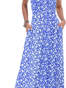 AUSELILY Vestido largo para mujer, sin mangas, estampado floral, estilo bohemio de verano, línea A, holgado, de gasa con bolsillos, vestido informal para vacaciones - Product Image 1