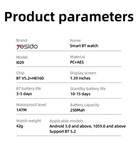 Yesido BT5.2 Montre Connectée Bluetooth Écran Large Détection Santé Longue Autonomie Étanche