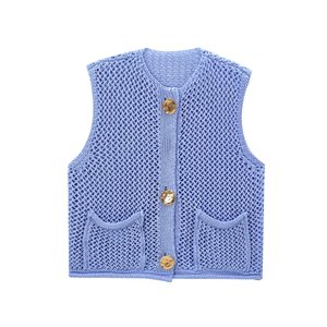 Womens Crochet Chunky Knit <strong>Sweater</strong> <strong>Vest</strong> Casual Sleeveless Button Down <strong>Vest</strong> Tops <strong>Cropped</strong> Cardigan <strong>Sweaters</strong> with Pockets Free Size - Product Image 2