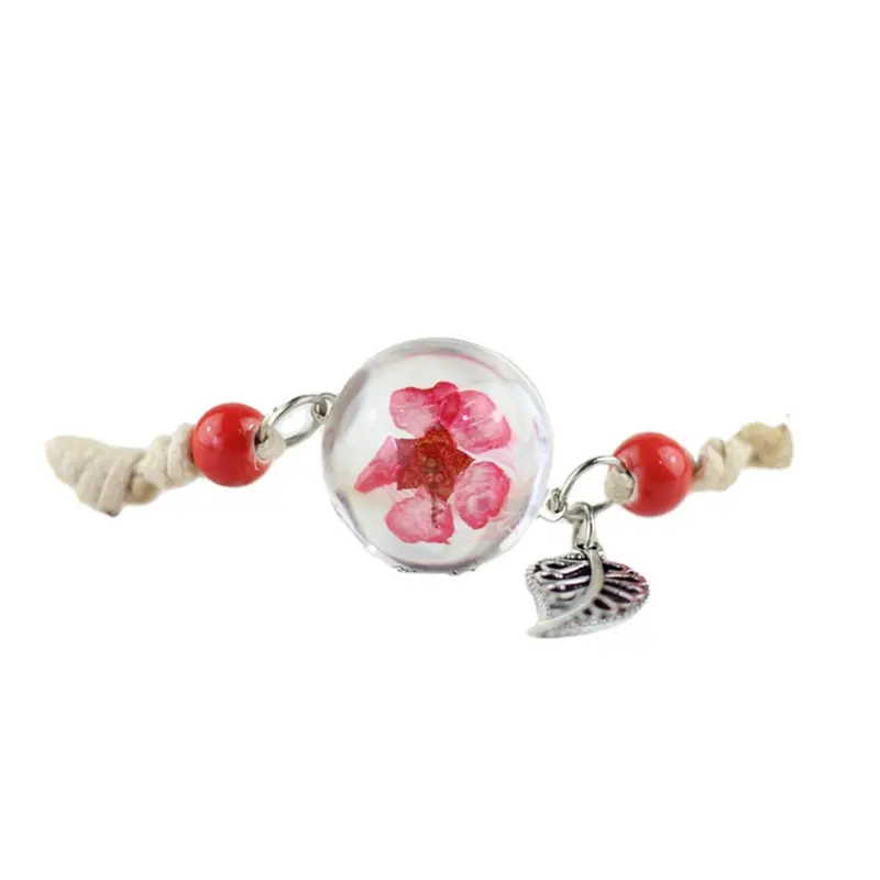 Fashion Koreaanse Geperst Bloemen Armband Handgemaakte Glazen Kralen Ketting Armband Verstelbare Droge Bloem Pedaal Glas Bal Armband