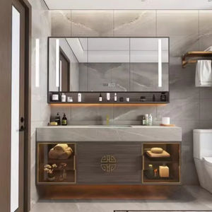 Meuble-lavabo de salle de bain de style chinois avec finition laquée, miroir intelligent en forme de ruche, matériau en chêne, lavabo en céramique, montage mural, pour usage hospitalier - Product Image 2