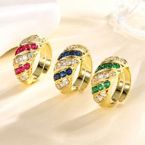 เครื่องประดับแฟชั่น ทองแดงชุบทอง เป็นมิตรกับสิ่งแวดล้อม ประดับเพทายสีน้ำเงินและสีแดง ดีไซน์ทันสมัย วินเทจ ไม่หมอง แหวนวงเรขาคณิต - Product Image 3