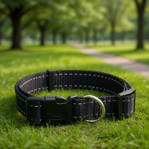 Adjustable <b>Reflective</b> Medium Black Nylon Pet <b>Collar</b> With Buckle Closure For <b>Dogs</b> - Product Image 2