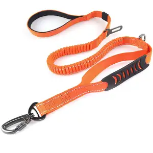 Amazon Hot Selling Factory Direct Custom LOGO Heavy Duty Double Handles Nylon Bungee Dog Leash with Seat Belt for Dog Pet