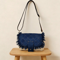 Tas Selempang Jerami Gaya Korea dengan Aksen Denim, Tas Tote Berumbai dengan Motif Diamond Lattice, Tas Anyaman Kasual untuk Liburan Wanita