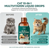 Gouttes liquides multivitaminées 10 en 1 à la chondroïtine pour chats – Soutien de la santé intestinale, absorption rapide, sans céréales – Complément alimentaire pour animaux de compagnie OEM
