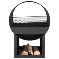 Brasero en fer semi-circulaire robuste avec grille de protection et base de rangement en bois pour patio extérieur, jardin et camping