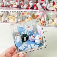 Porte-clés en peluche chat mignon, mini canapé en coton PP doux, breloque de sac, jouet pour animaux de compagnie, avec support de présentation, mini canapé floral Kawaii à mâcher