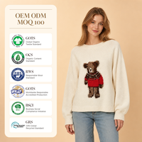 Pull en tricot respirant à col rond pour femme, style preppy, en laine et viscose, avec jacquard tapisserie motif ours, idéal pour l'automne