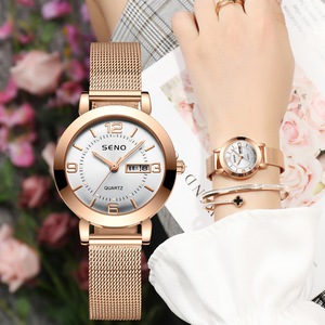 Montre à quartz pour femme Seno, bracelet en acier inoxydable, analogique, bouton poussoir, fermoir caché, résistance à l'eau 3BAR, luminescente, date automatique, 20 cm - Product Image 1
