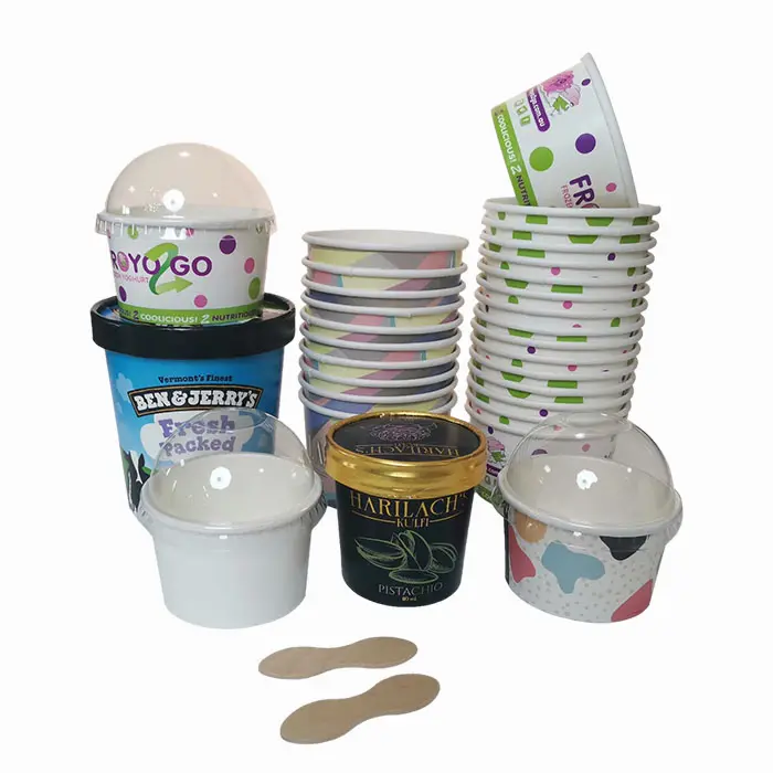 Reciclar Fabricación Impresión personalizada eco papel postre helado embalaje vaso de papel con tapa y cuchara tapas planas y de demostración
