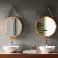 Kamar Mandi Keluarga Hotel Buatan Khusus Klasik Bulat Bingkai Kayu Solid Datar Bulat Sabuk Kulit Gantung Cermin