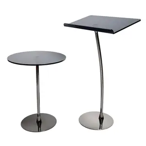 Pulpito podio leggio in acciaio acrilico curvo da terra, palo nero, tavolo in acrilico