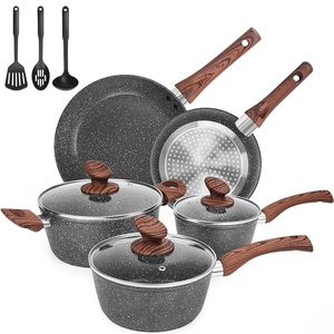 Juego de Ollas y Sartenes de Alta Calidad con Revestimiento de Mármol Moderno, Tapas de Vidrio de Silicona, Asas de Acero Inoxidable, 11 Piezas, Juego de Utensilios de Cocina de Aluminio Forjado - Product Image 1