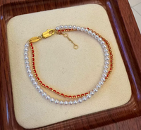 Bracelet double rangs de perles d'eau douce certifiées, avec pierres rouges naturelles, bijoux fins à superposer, en stock