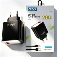 Chargeur mural USB 200W avec prise US EU UK, câble Type C, QC3.0, chargeur rapide pour téléphone portable, adaptateur secteur USB 200W à charge rapide