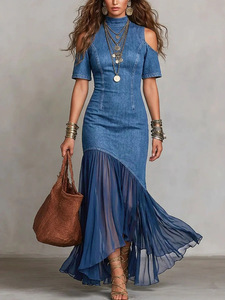 Denim <strong>Maxi</strong> <strong>Dress</strong> Women <strong>Cold</strong> <strong>Shoulder</strong> Short Sleeve Chiffon Patchwork Bodycon Mermaid <strong>Dress</strong> - Product Image 4