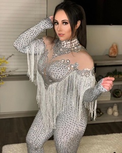 Summer Club Wear Fashion Luxury Long Sleeve Summer Playsuit Glitter Crystal Fringe Bodysuit Women For Celebrity Party - Product Image 2