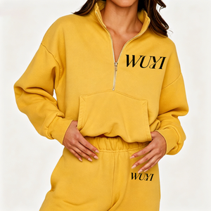 Women Autumn Embroidered Stand Collar Quarter-Zipper Hooded Sweatshirt Fashion Sport Gym Hoodie Painted <b>Set</b> - Product Image 1