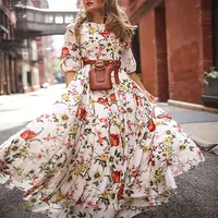 Penjualan Laris Musim Panas Gaun Gaya Bohemian Gaun Wanita Sifon Motif Bunga Pinggang Tinggi Lengan Panjang