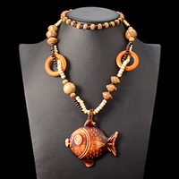 Colliers pour femmes, style bohème, vintage africain, pendentif en bois, poisson, collier chaîne de pull, collier en bois
