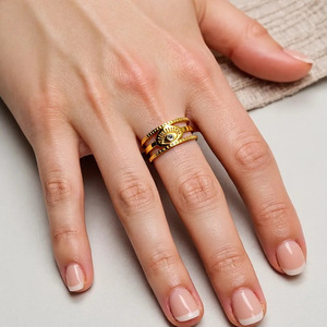 <b>Titanium</b> Steel <b>Ring</b> Eye Shape 18K Gold Plated Prong Setting Unisex Jewelry Gift - Product Image 1