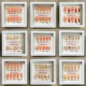 Faux ongles réutilisables à presser, boîte surprise de luxe, forme cercueil moyenne, style stiletto, faits main, avec cristaux et motifs de dessins animés, couvrance totale, pour femmes - Product Image 2