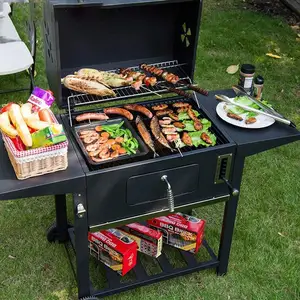 Grand Barbecue à charbon de bois carré à hauteur réglable, chariot Barbecue Barbecue Grill avec Table latérale pour jardin extérieur