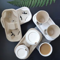 Plateau porte-gobelets 2 tasses en pulpe de bagasse, sans PFAS, biodégradable, compostable, 218x110x47mm, jetable, étanche, écologique, recyclable