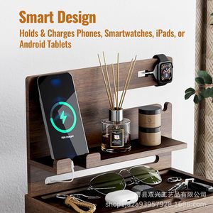 Wooden Bedside Table Storage <b>Rack</b> With Wireless Charging For Phone Watch <b>Glasses</b> Organization Nightstand - Product Image 4